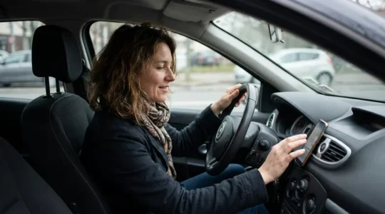 Conductrice vérifiant son attestation d'assurance auto avant de démarrer