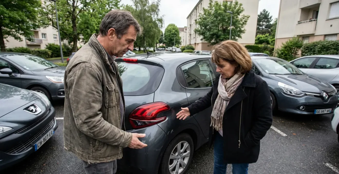 Deux conducteurs échangeant après un accrochage sur un parking résidentiel (franchise assurance auto)