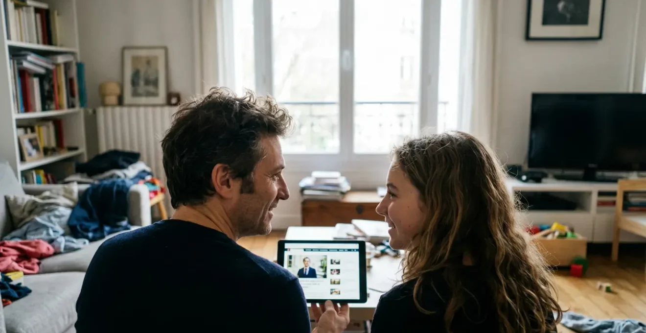 Parent et adolescent consultant des informations sur tablette dans un salon