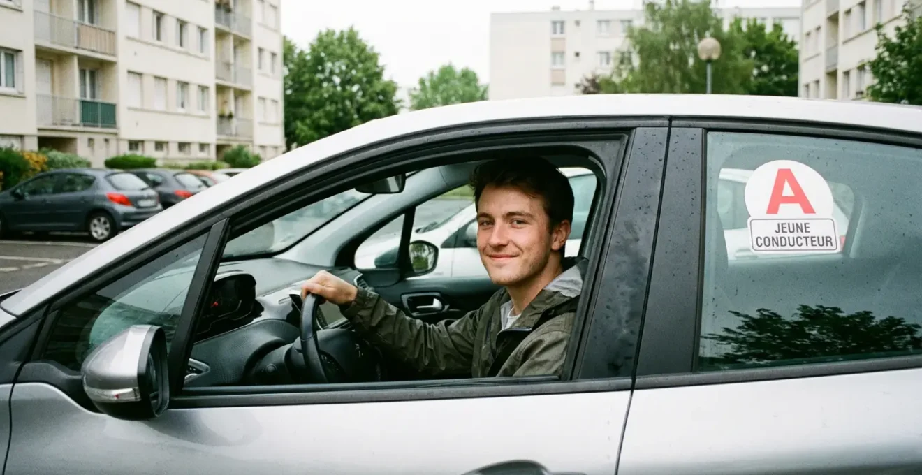 Jeune conducteur souriant au volant après obtention du permis avec badge A visible