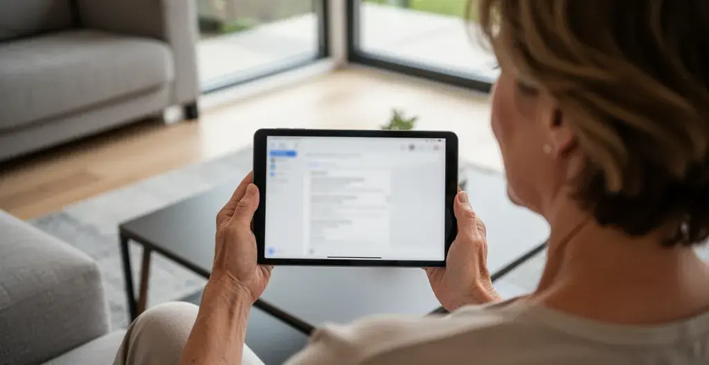 Personne consultant les options d'assurance auto sur tablette, comparaison formules