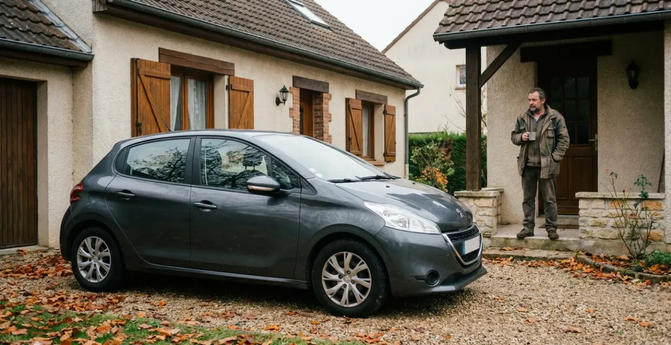 Voiture garée devant une maison de banlieue française, propriétaire visible sur le perron