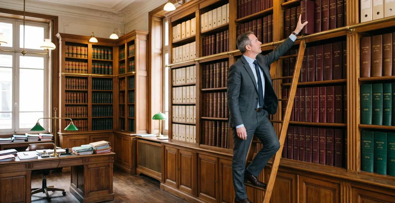 Clerc de notaire recherchant un registre dans les archives d'une étude notariale française