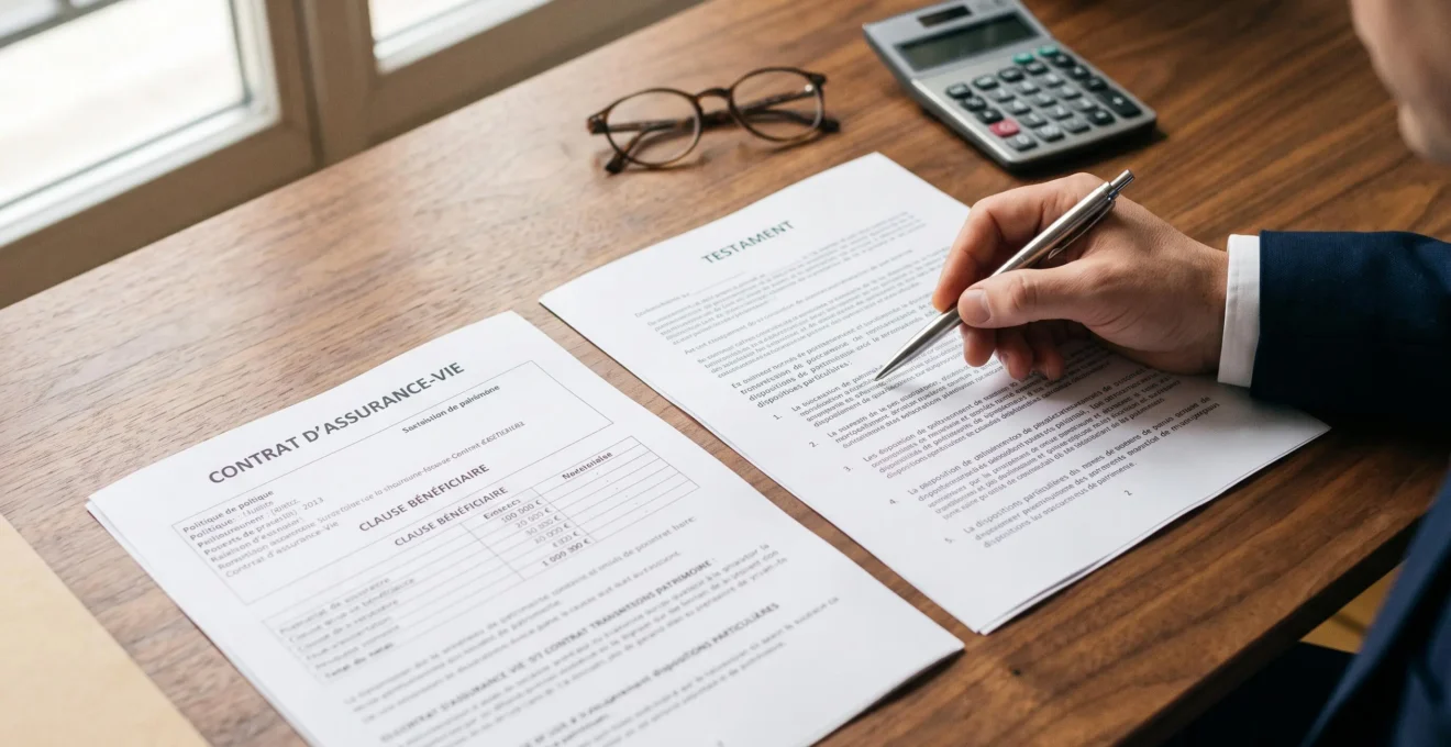 Main de professionnel pointant des documents d'assurance-vie et de testament disposés côte à côte sur un bureau