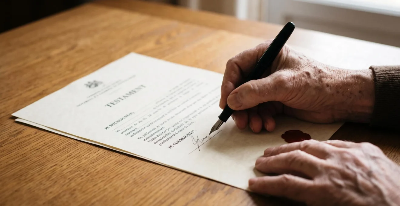 Mains d'une personne senior signant un document de testament avec un stylo plume